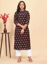 Rayon Brown Casual Wear Printed Readymade Kurta WIth Pant